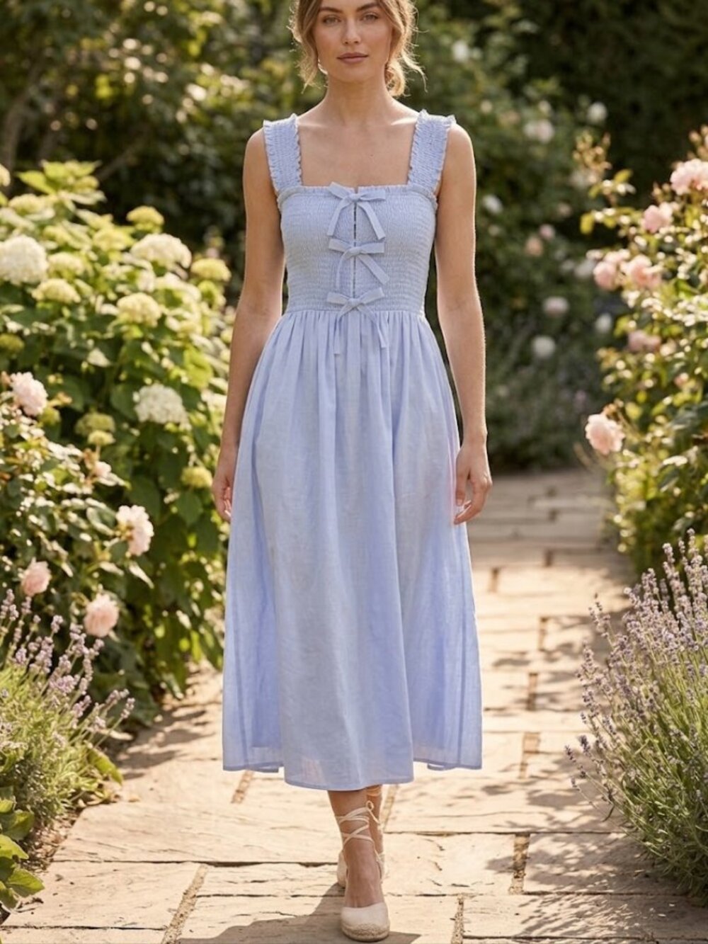 NEW REFORMATION Smocked Summer Dress in Powder Blue XS